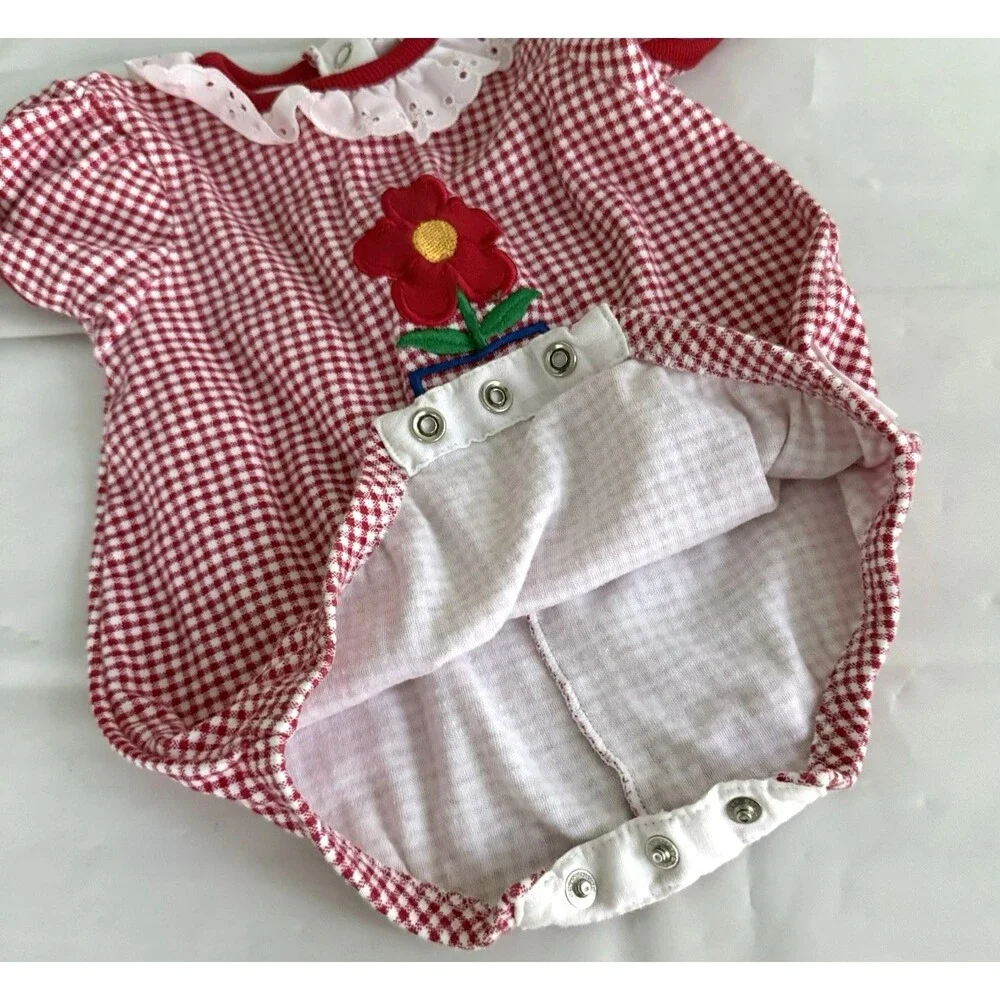 Vintage Healthtex Romper 3-6M Flower Ladybug Appliqué Red & White Gingham Cotton